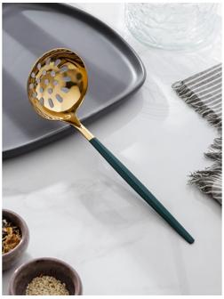 Шумовка из нержавеющей стали Magistro «Грэйс», h=24,5 см, цвет ручки зелёный, цвет головы золотой