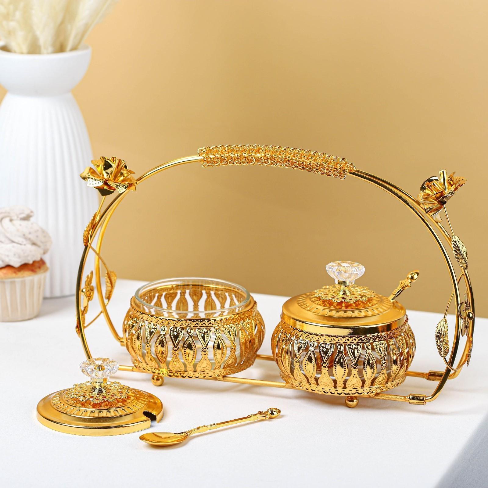 Набор сахарниц «Бонжур», с ложками на подставке, цвет золотой