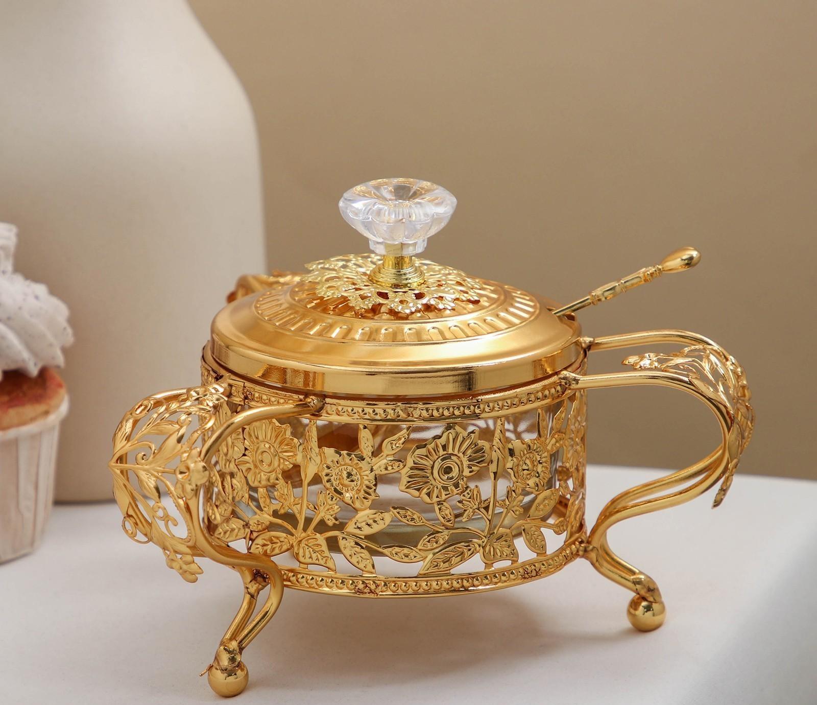 Сахарница «Котелок», 200 мл, 16×16,5×11 см, с ложкой, цвет металла золотой