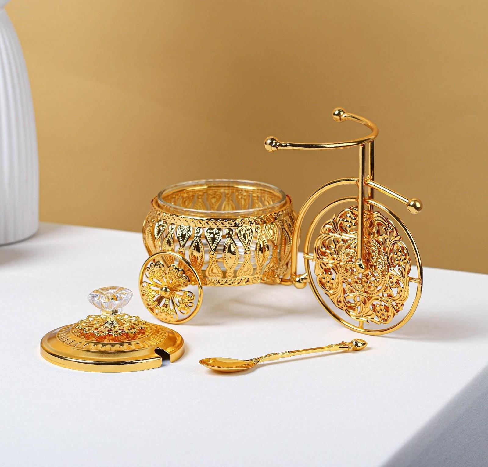 Сахарница «Велосипед», 220 мл, 22×13×13 см, с ложкой, цвет золотой