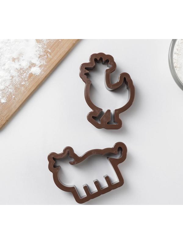 Набор форм для печенья Доляна «Бычок и петушок», 2 шт, 14×13×2 см, цвет коричневый