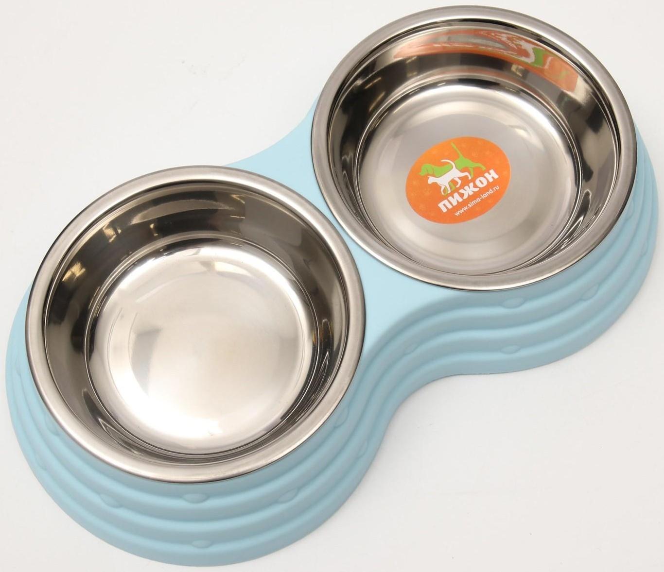Миска металлическая двойная на пластиковом основании, 25 х 14 х 5 см, голубая