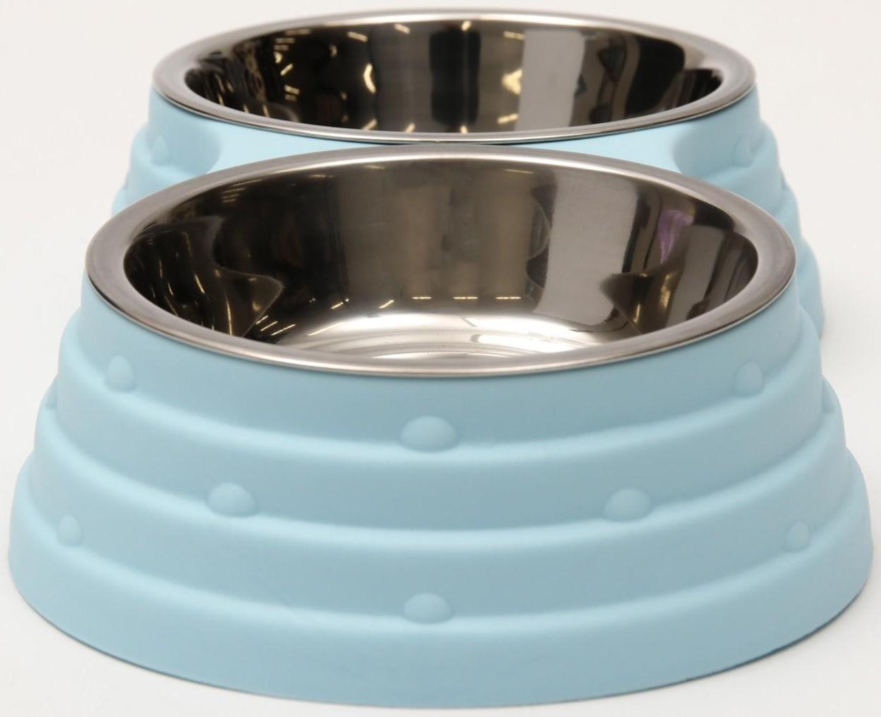 Миска металлическая двойная на пластиковом основании, 25 х 14 х 5 см, голубая