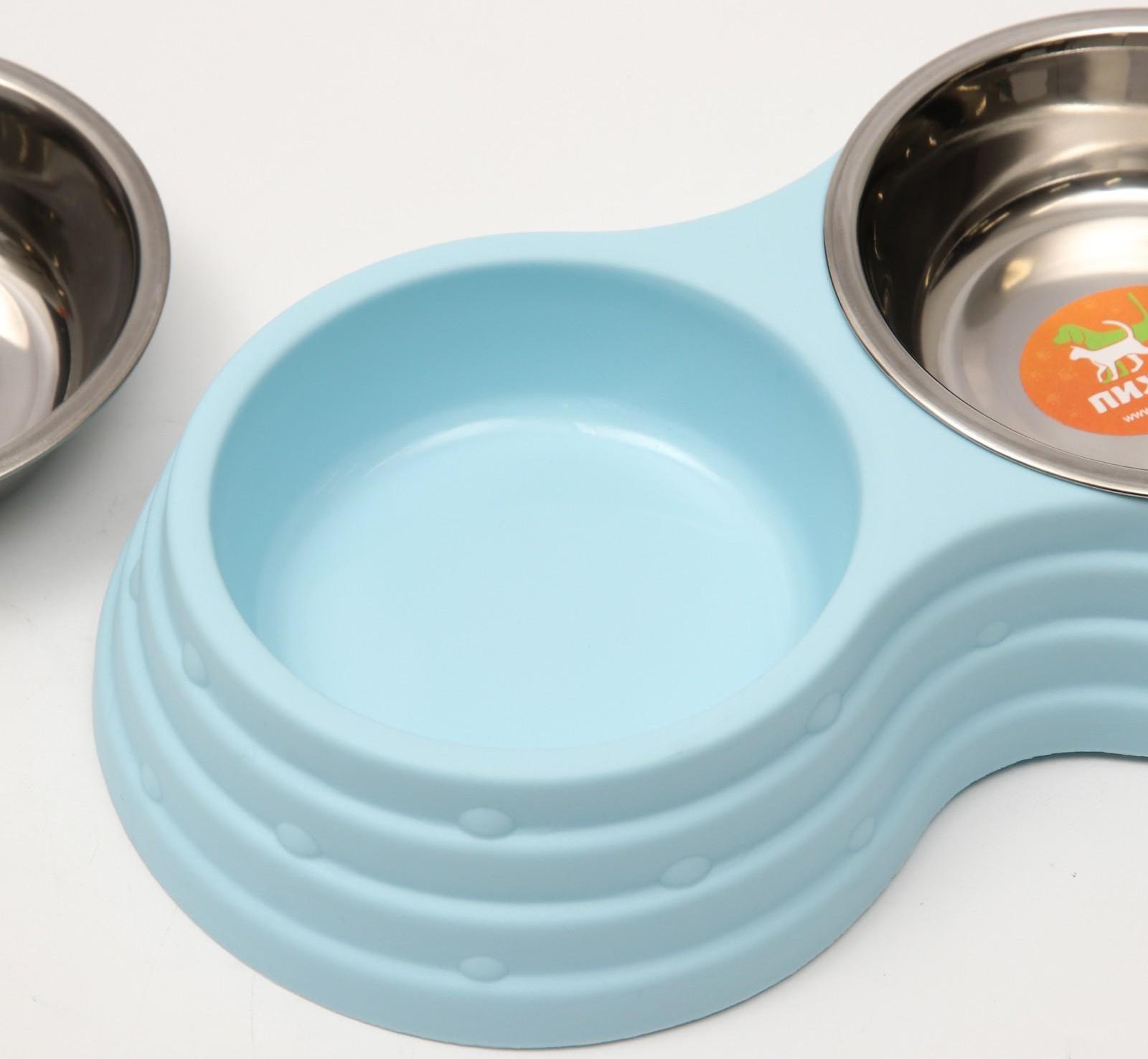 Миска металлическая двойная на пластиковом основании, 25 х 14 х 5 см, голубая