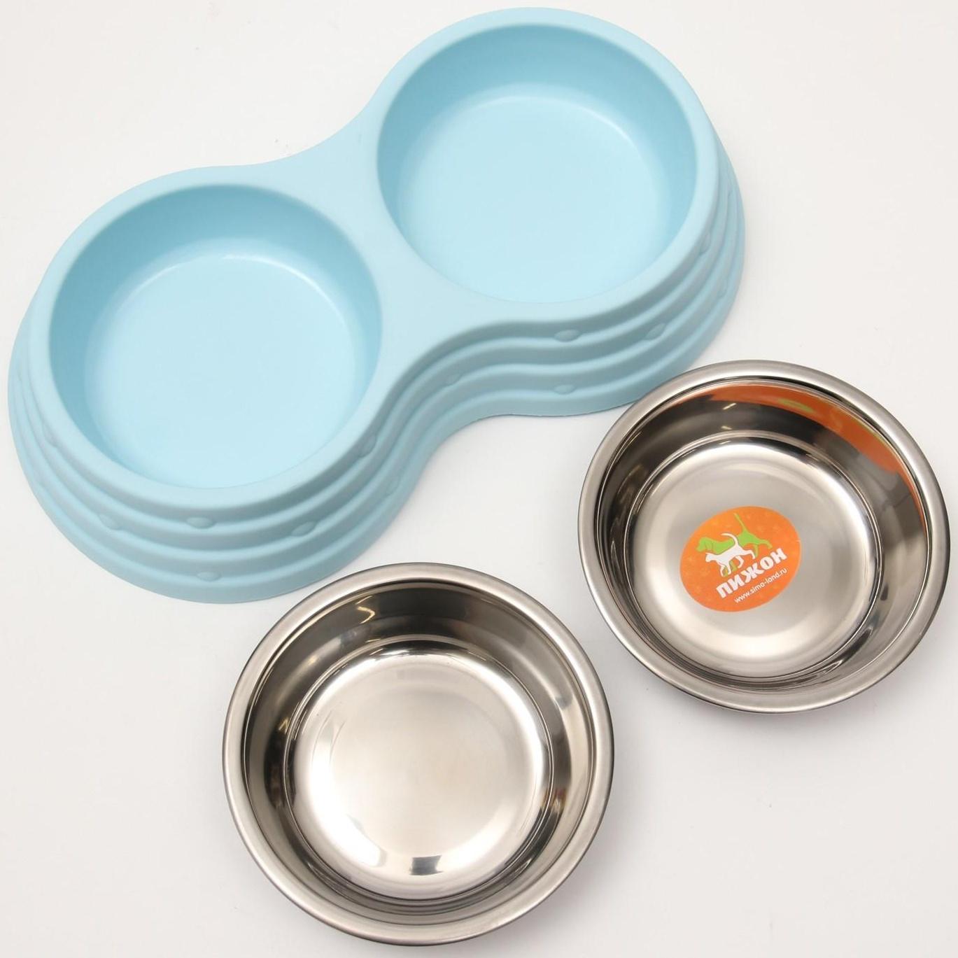 Миска металлическая двойная на пластиковом основании, 25 х 14 х 5 см, голубая