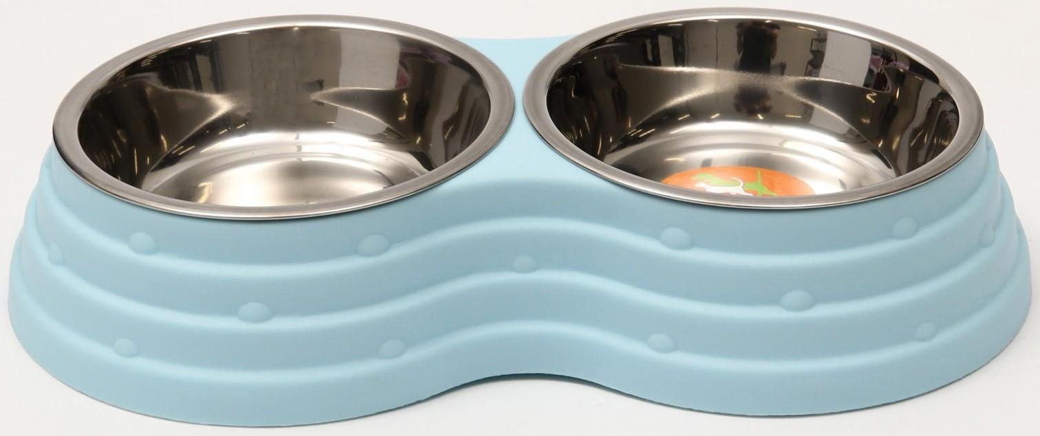Миска металлическая двойная на пластиковом основании, 25 х 14 х 5 см, голубая