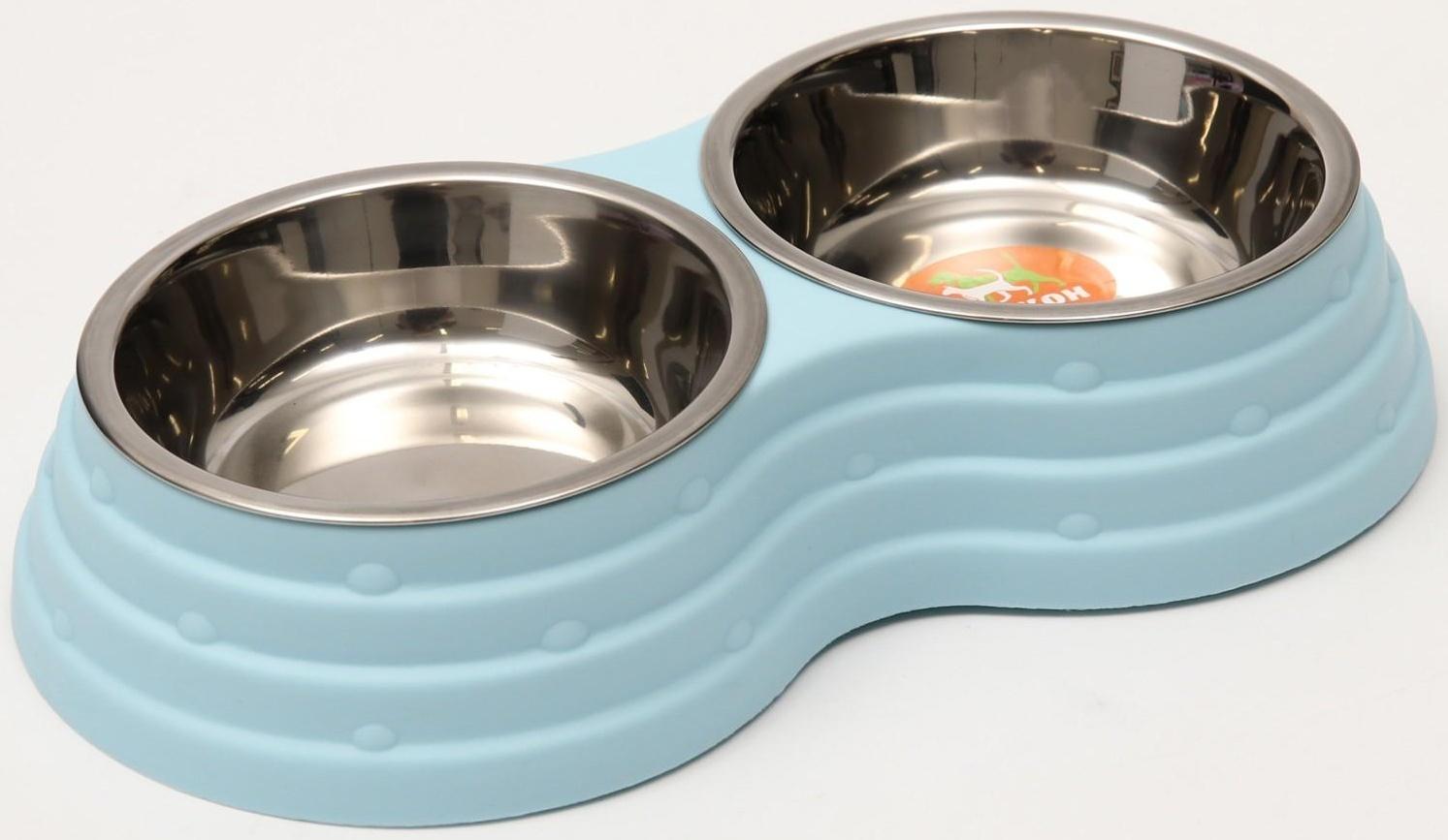 Миска металлическая двойная на пластиковом основании, 25 х 14 х 5 см, голубая