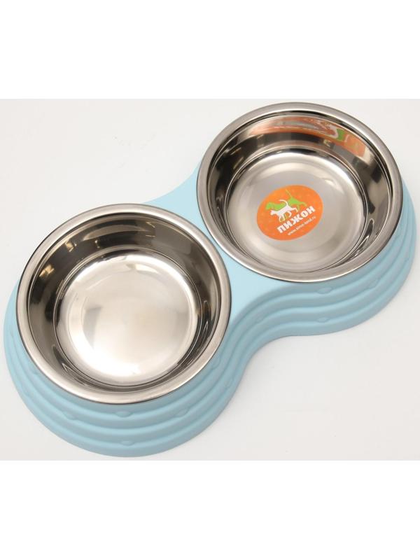 Миска металлическая двойная на пластиковом основании, 25 х 14 х 5 см, голубая