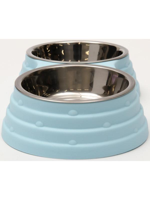 Миска металлическая двойная на пластиковом основании, 25 х 14 х 5 см, голубая