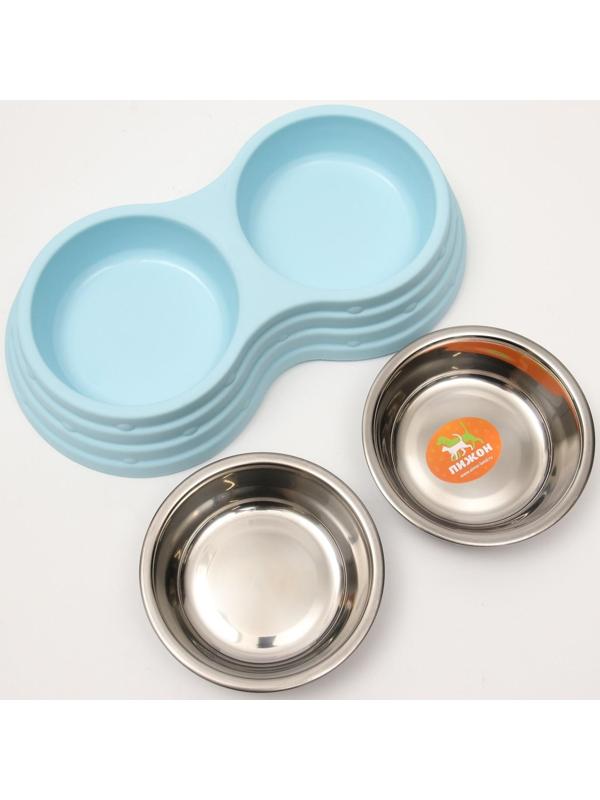 Миска металлическая двойная на пластиковом основании, 25 х 14 х 5 см, голубая