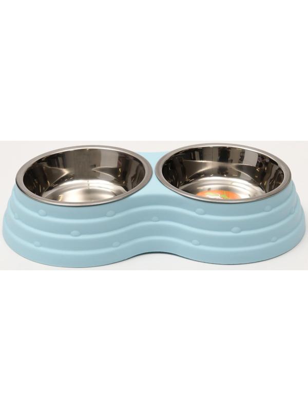 Миска металлическая двойная на пластиковом основании, 25 х 14 х 5 см, голубая