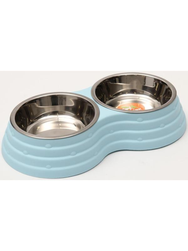 Миска металлическая двойная на пластиковом основании, 25 х 14 х 5 см, голубая