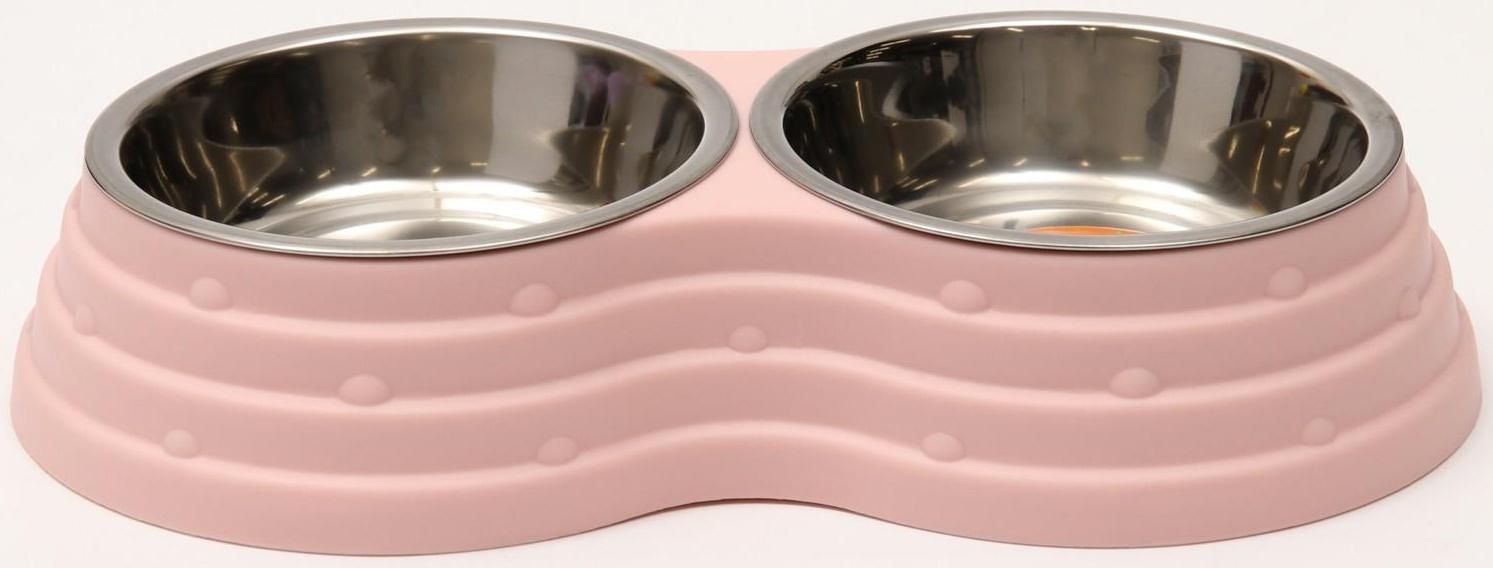 Миска металлическая двойная на пластиковом основании, 25 х 14 х 5 см, розовая