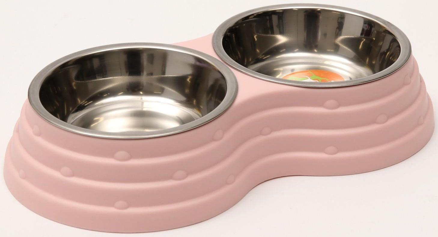 Миска металлическая двойная на пластиковом основании, 25 х 14 х 5 см, розовая
