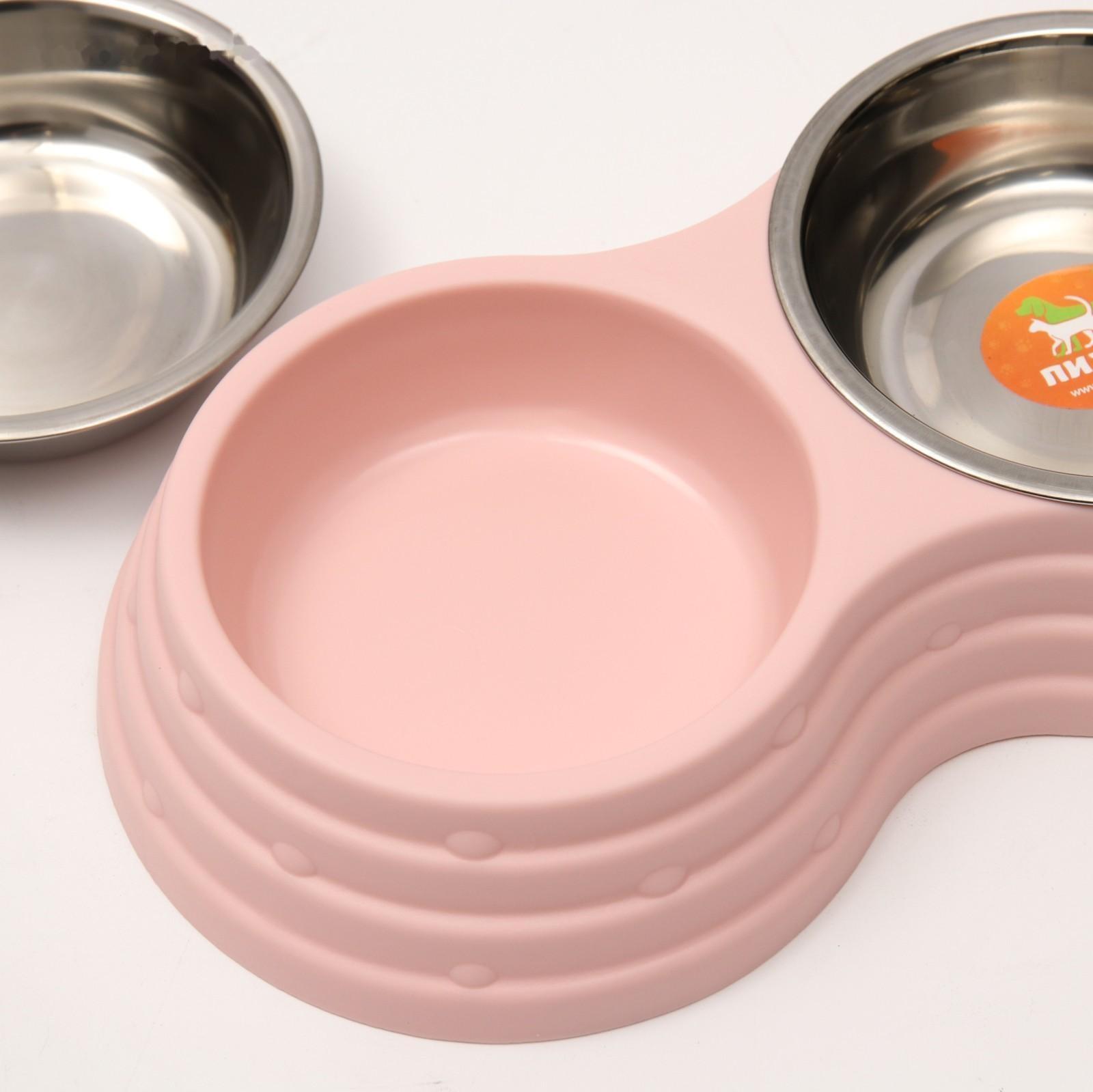 Миска металлическая двойная на пластиковом основании, 25 х 14 х 5 см, розовая