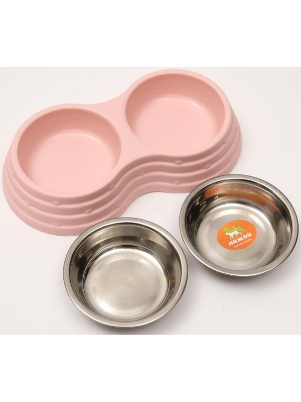 Миска металлическая двойная на пластиковом основании, 25 х 14 х 5 см, розовая