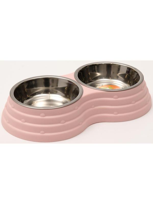 Миска металлическая двойная на пластиковом основании, 25 х 14 х 5 см, розовая