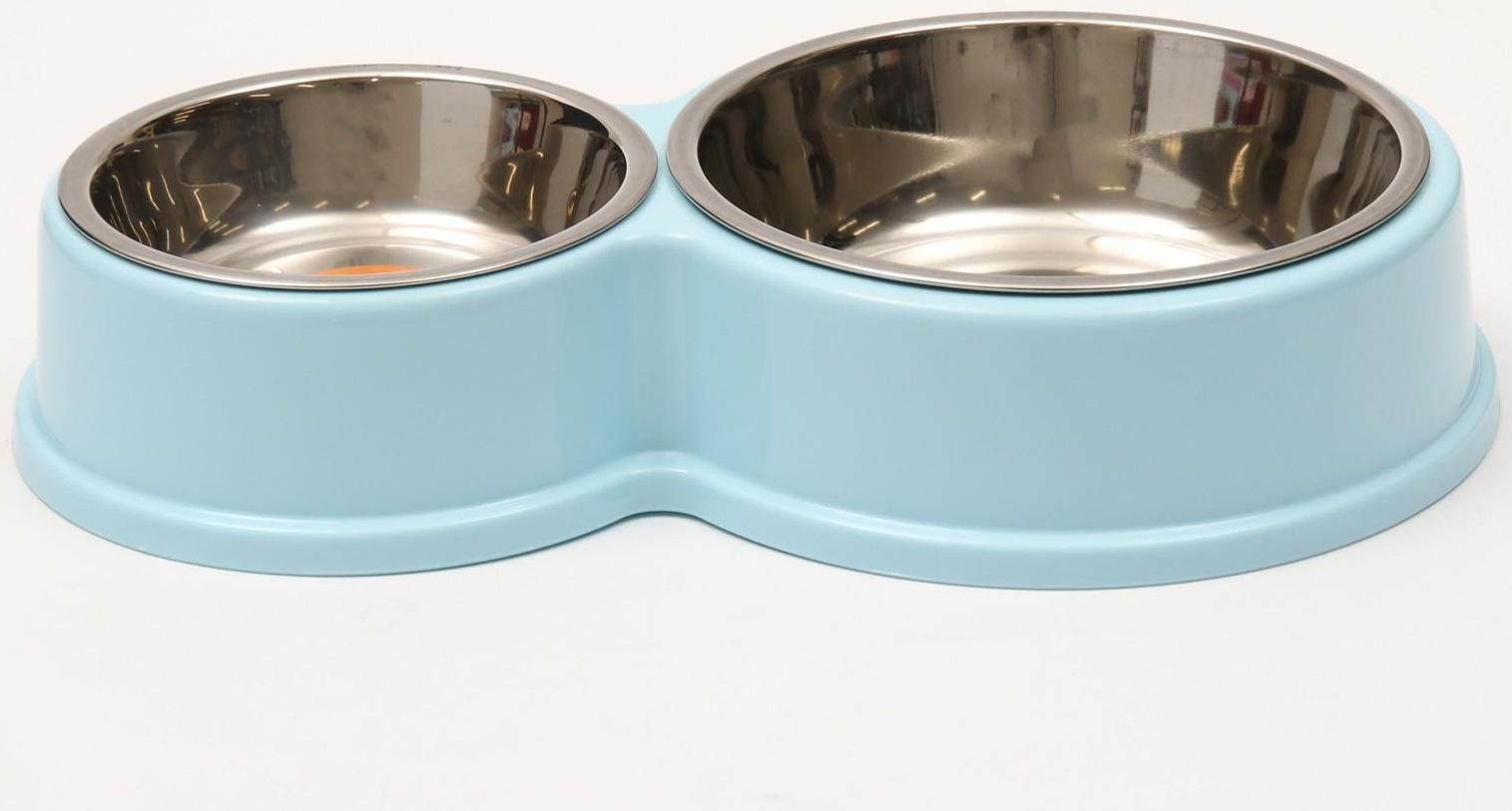 Миска металлическая двойная на пластиковом основании, 28 х 17,3 х 5 см, голубая