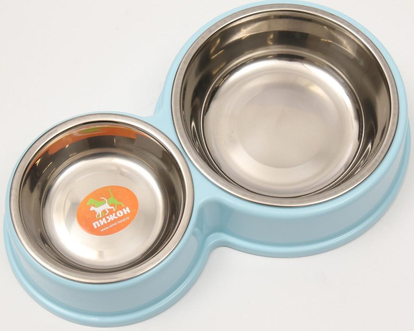 Миска металлическая двойная на пластиковом основании, 28 х 17,3 х 5 см, голубая