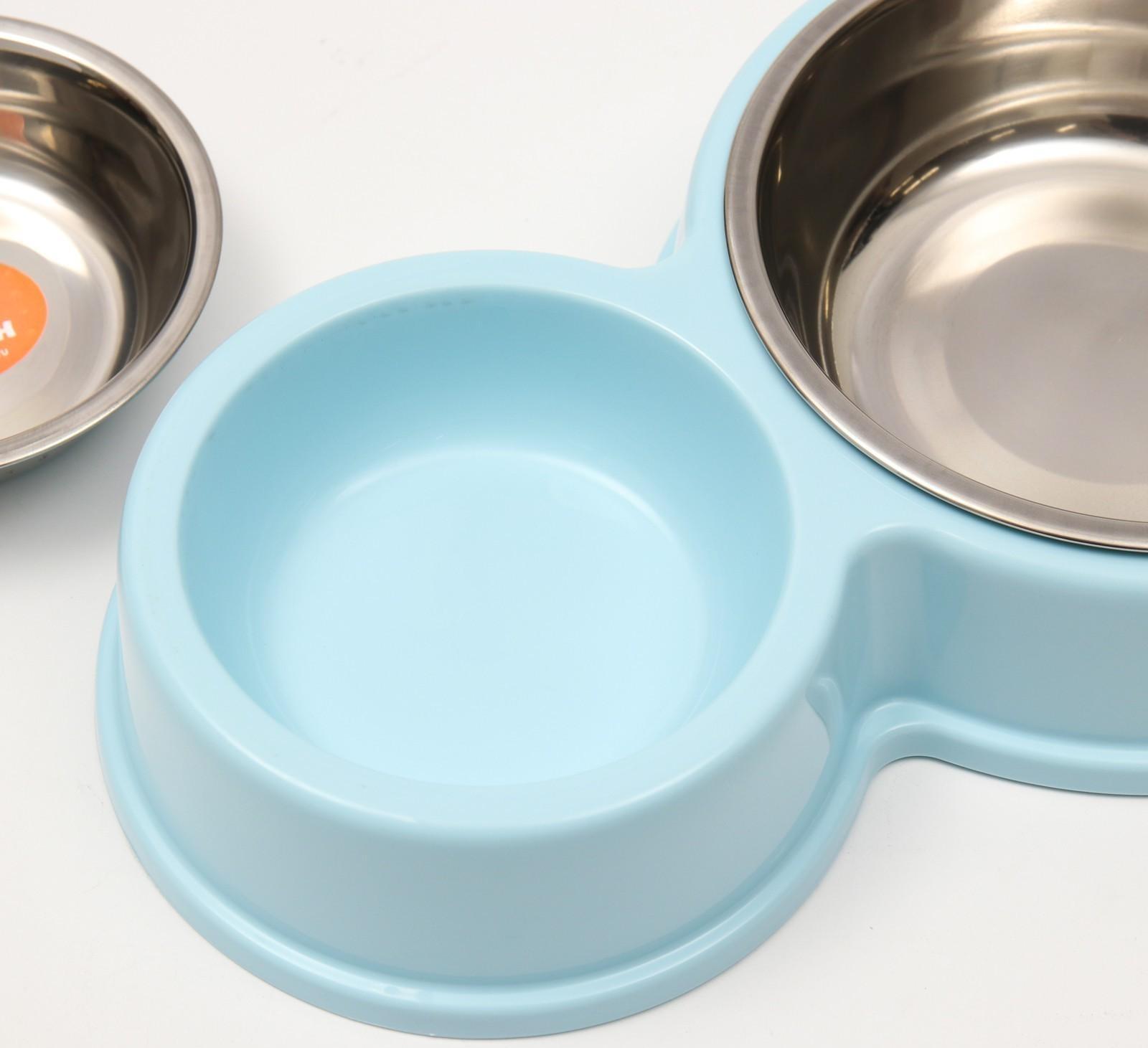 Миска металлическая двойная на пластиковом основании, 28 х 17,3 х 5 см, голубая