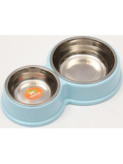 Миска металлическая двойная на пластиковом основании, 28 х 17,3 х 5 см, голубая