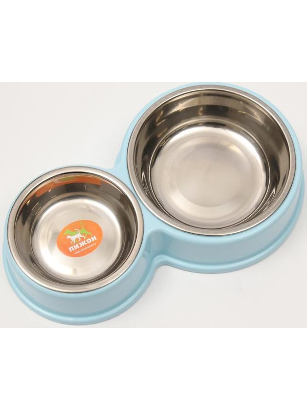 Миска металлическая двойная на пластиковом основании, 28 х 17,3 х 5 см, голубая