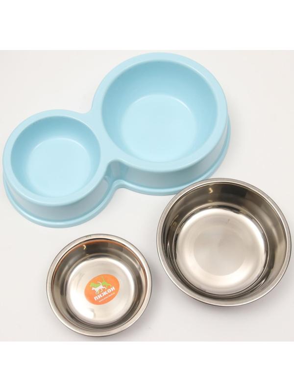 Миска металлическая двойная на пластиковом основании, 28 х 17,3 х 5 см, голубая