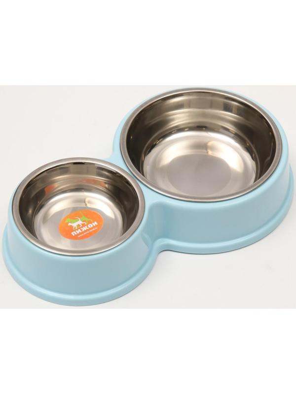 Миска металлическая двойная на пластиковом основании, 28 х 17,3 х 5 см, голубая