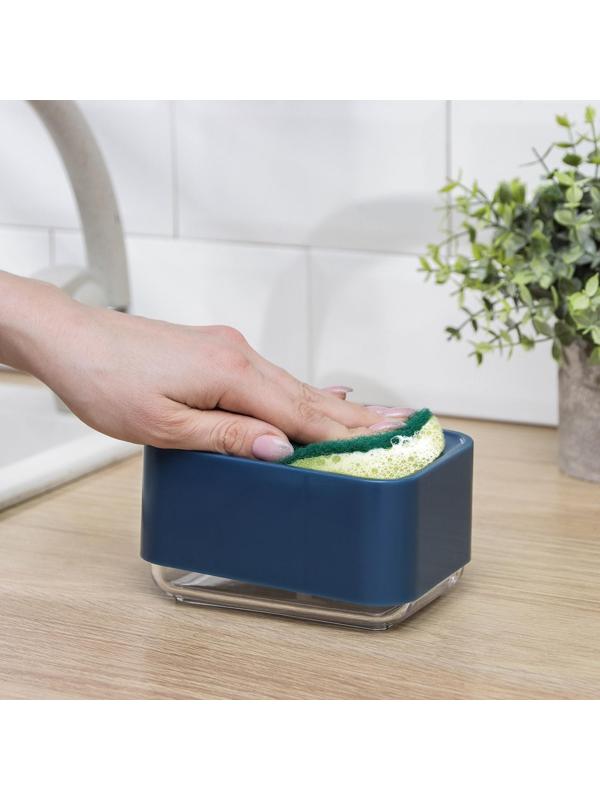 Дозатор для моющего средства с подставкой для губки, 250 мл, губка в комплекте, цвет синий