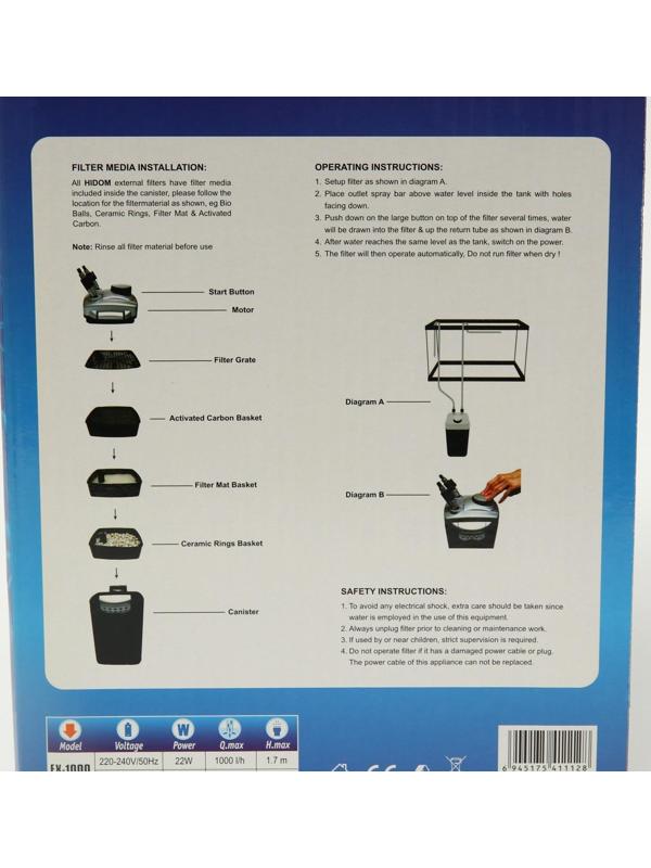 Внешний фильтр Hidom EX-1000, 1000 л/ч, 22 Вт, с комплектом наполнителей и аксессуаров