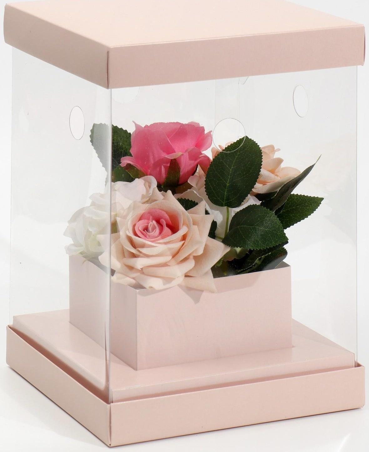 Коробка для цветов с вазой и PVC окнами складная «Бежевая», 16 х 23 х 16 см