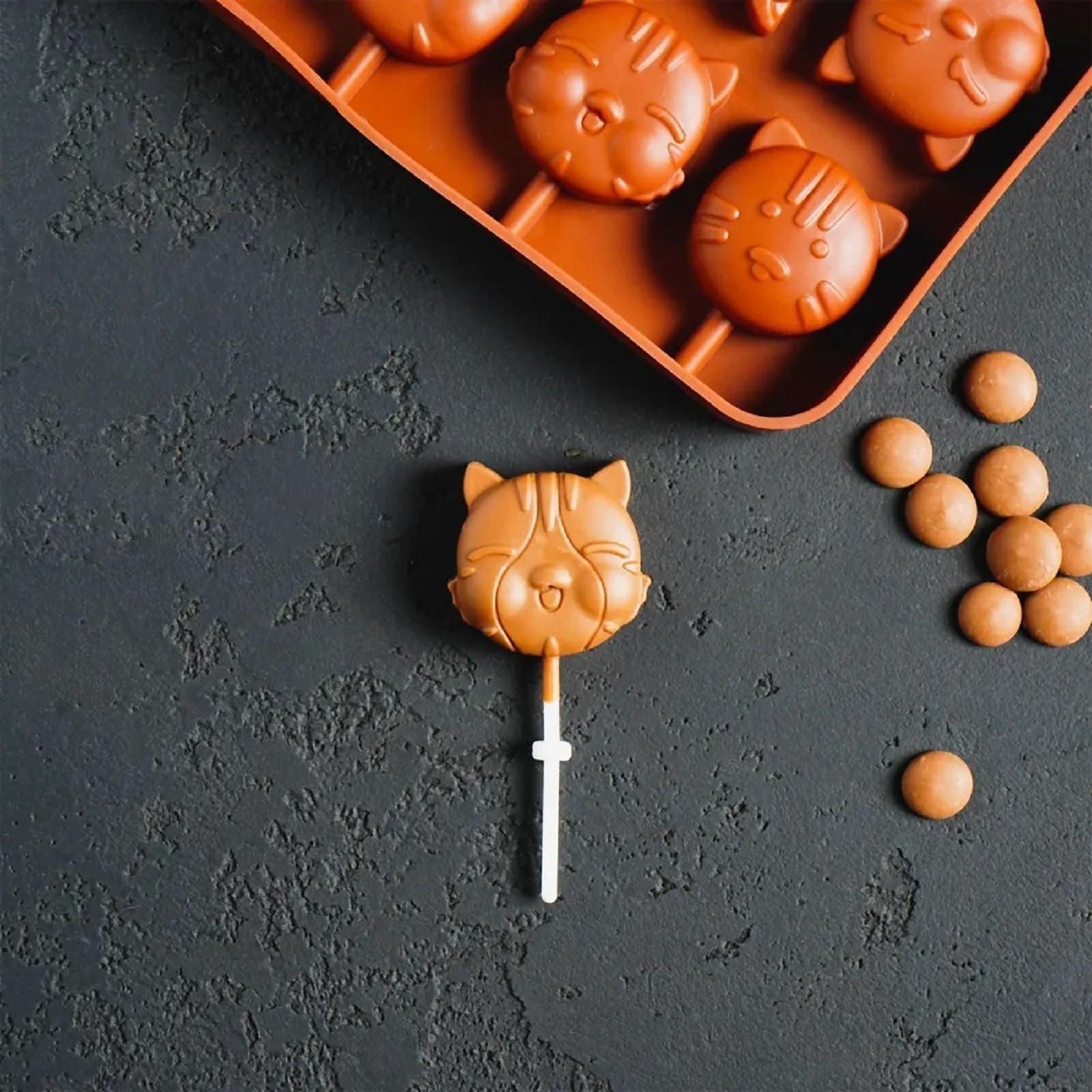 Форма для леденцов «Котики», 8 ячеек, 16,5×11×1,7 см, с палочками, 8 шт, цвет шоколадный