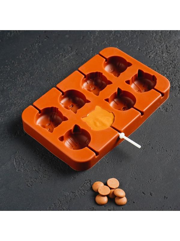 Форма для леденцов «Котики», 8 ячеек, 16,5×11×1,7 см, с палочками, 8 шт, цвет шоколадный