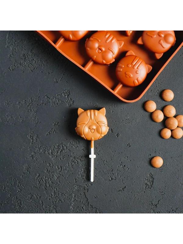 Форма для леденцов «Котики», 8 ячеек, 16,5×11×1,7 см, с палочками, 8 шт, цвет шоколадный