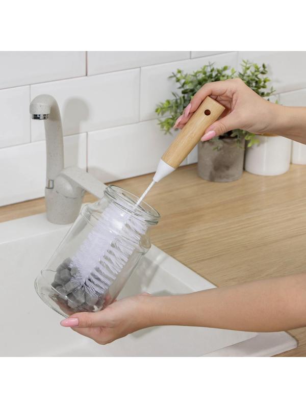 Ёрш для посуды Доляна Meli, 34×6 см, с поролоном, бамбуковая ручка, замшевая петелька