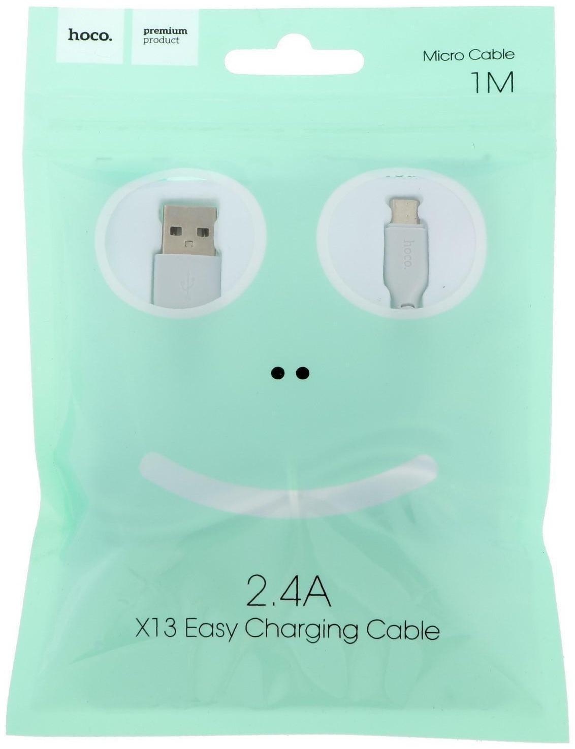 Кабель Hoco X13, microUSB - USB, 2,4 А, 1 м, PVC оплетка, белый