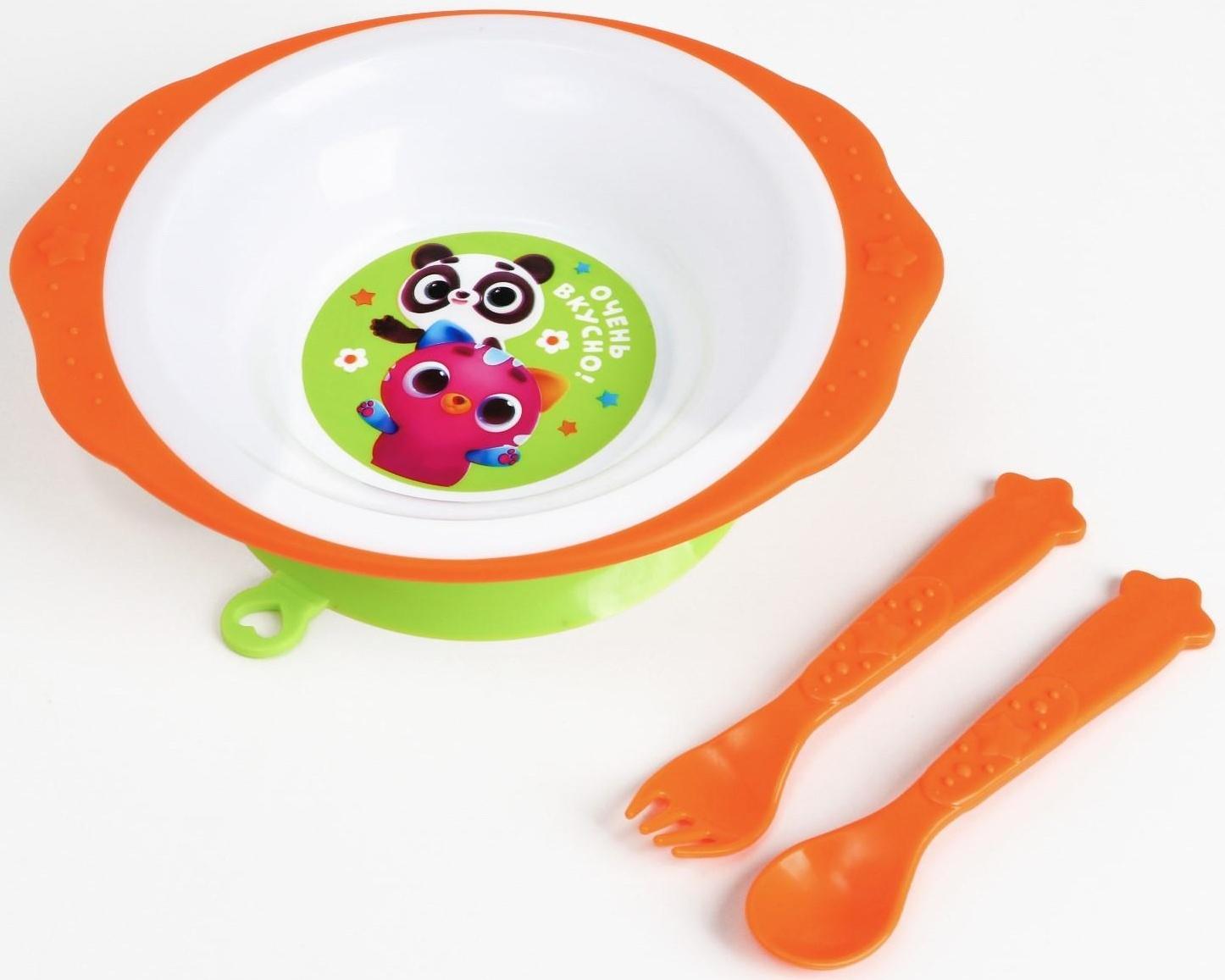 Набор детской посуды «Очень вкусно», тарелка на присоске 250мл, вилка, ложка