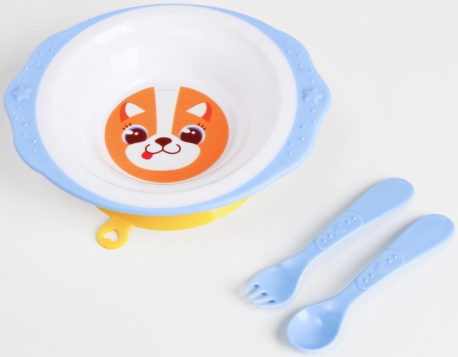 Набор детской посуды «Корги», тарелка на присоске 250мл, вилка, ложка