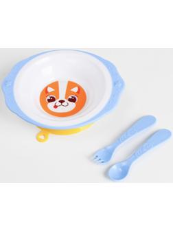 Набор детской посуды «Корги», тарелка на присоске 250мл, вилка, ложка
