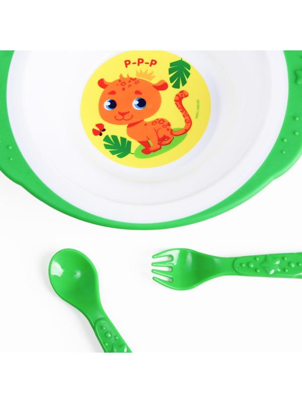Набор детской посуды «Леопард», тарелка на присоске 250мл, вилка, ложка