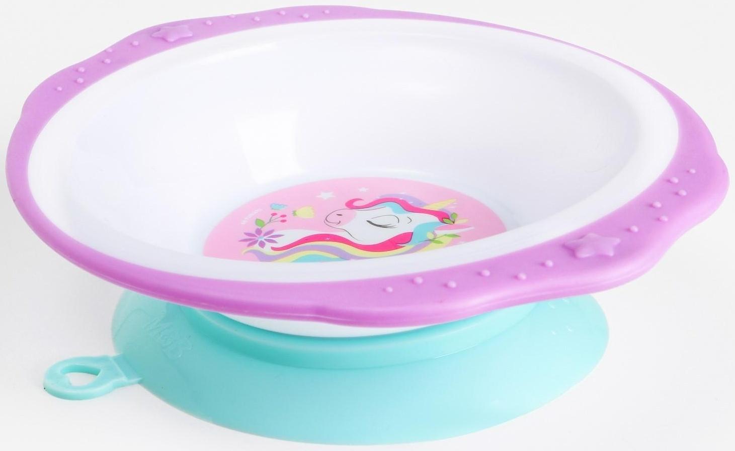 Набор детской посуды «Единорожек», тарелка на присоске 250мл, вилка, ложка