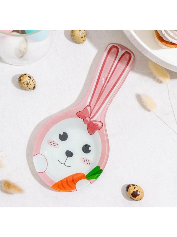 Подставка стеклянная под ложку Доляна «Зайка и морковка», цвет розовый