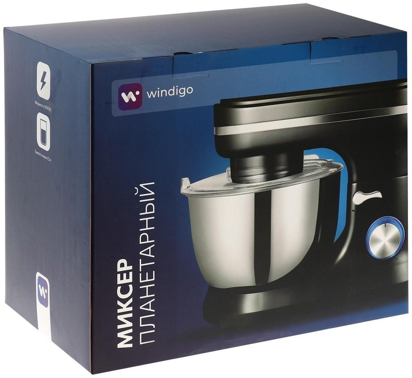 Миксер Windigo WMR-01, планетарный, 1000 Вт, 4.5 л, 8 скоростей, 3 насадки, чёрный