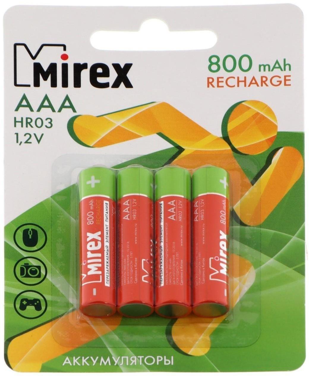 Аккумулятор Mirex, Ni-Mh, AAA, HR03-4BL, 1.2В, 800 мАч, блистер, 4 шт.