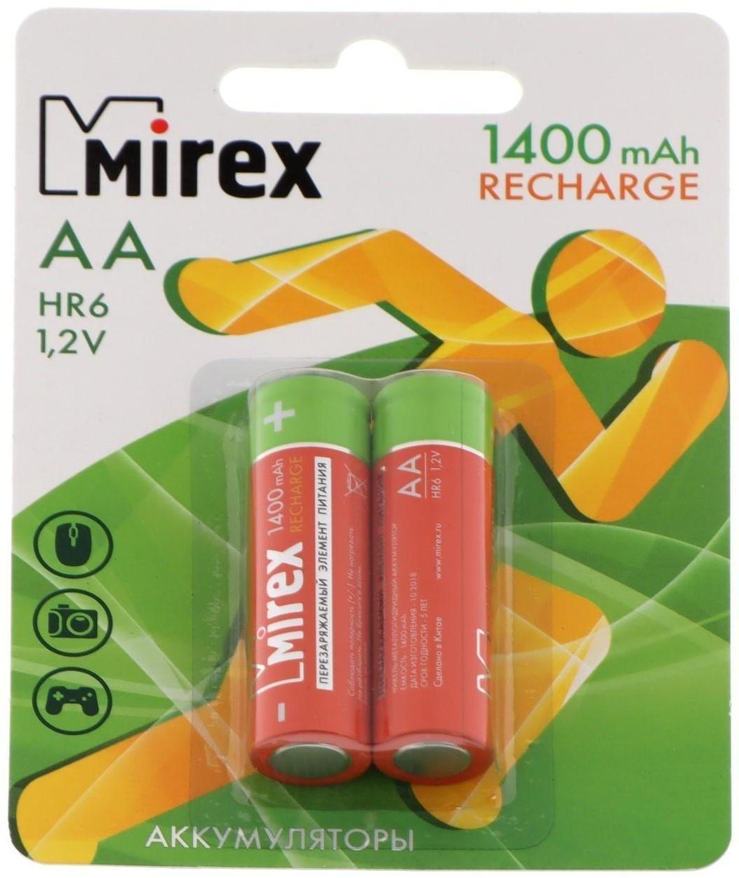 Аккумулятор Mirex, Ni-Mh, AA, HR6-2BL, 1.2В, 1400 мАч, блистер, 2 шт.