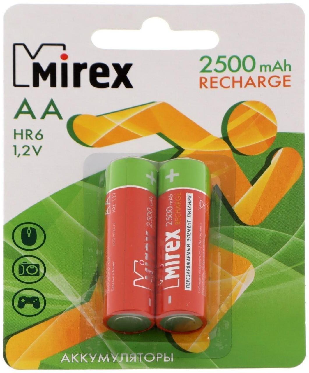 Аккумулятор Mirex, Ni-Mh, AA, HR6-2BL, 1.2В, 2500 мАч, блистер, 2 шт.