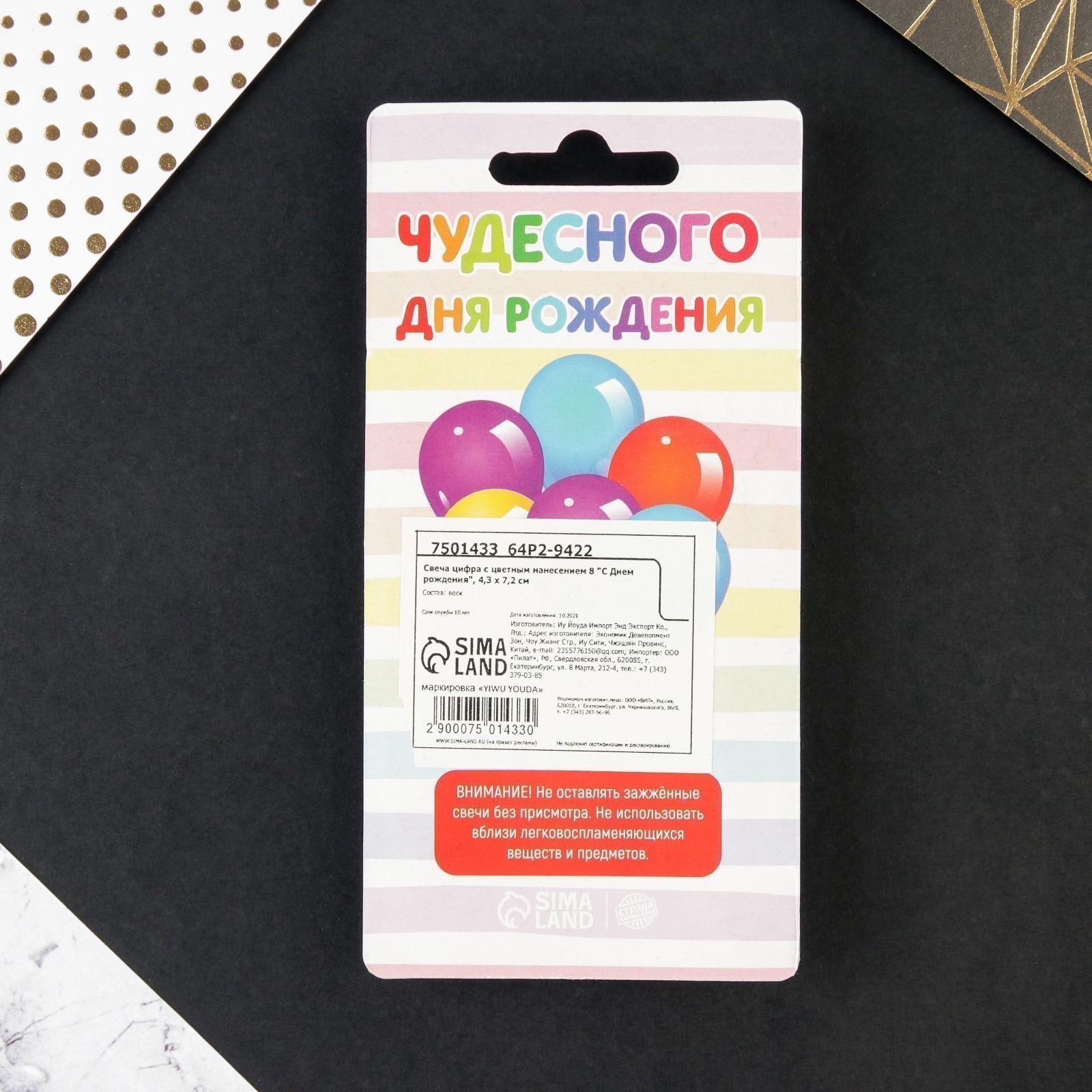 Свеча в торт цифра с цветным нанесением 8 