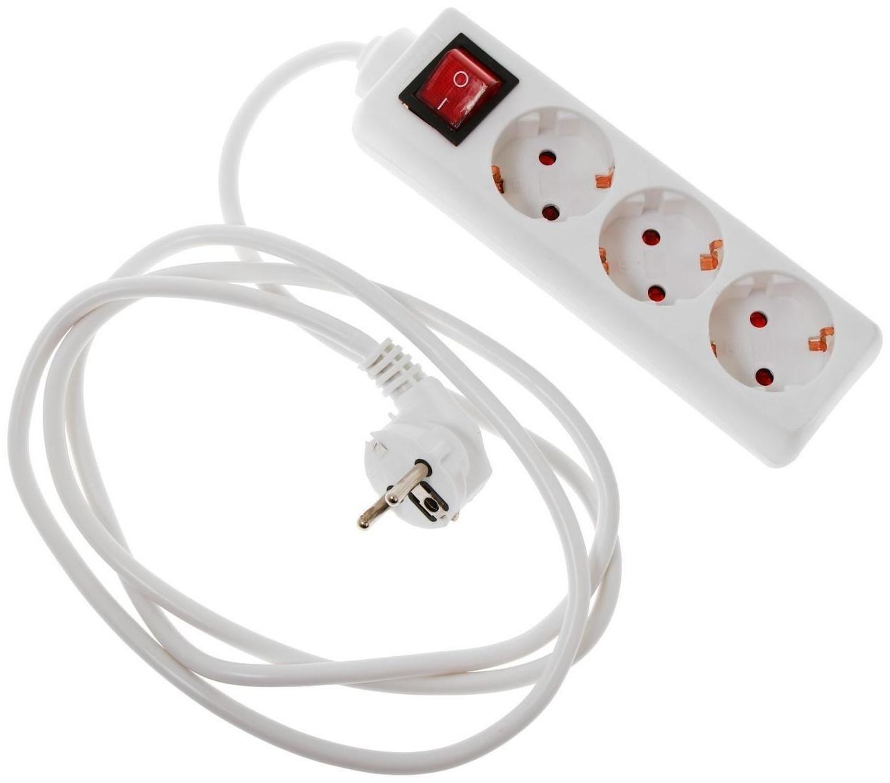 Удлинитель Luazon Lighting, 3 розетки, 1,8 м, 6А, 1300 Вт, ПВС 3х0.75 мм2, с з/к, с выкл., Б