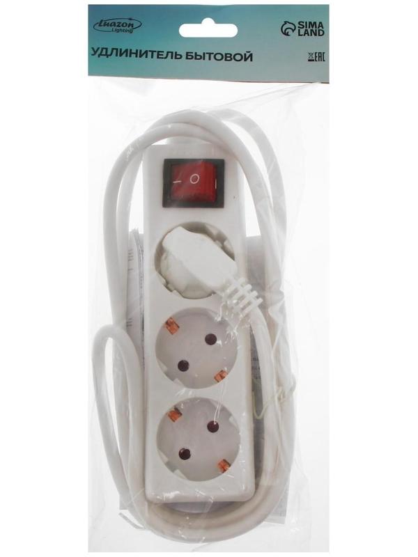 Удлинитель Luazon Lighting, 3 розетки, 1,8 м, 6А, 1300 Вт, ПВС 3х0.75 мм2, с з/к, с выкл., Б