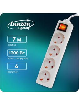 Удлинитель Luazon Lighting, 4 розетки, 7 м, 6 А, 1300 Вт, 3х0.75 мм2, с з/к, с выкл., Б